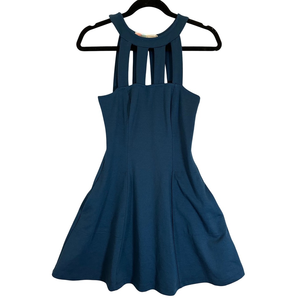 FP Beach Cage Fit & Flair Mini Dress Teal Blue Sz S Cutout Neckline‎ Free People